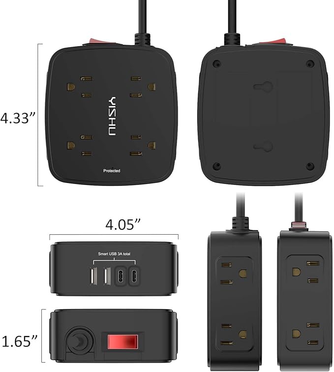 6 Ft Surge Protector Power Strip - 8 Widely Outlets with 4 USB Ports, 3 Side Outlet Extender with 6 Feet Extension Cord, Flat Plug, Wall Mount, Desk USB Charging Station, ETL,Black