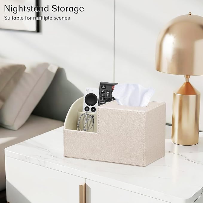 Square Tissue Box Cover with Storage, PU Leather Cube Tissue Box Holder, Remote Control Nightstand Organizer, Modern Desk Caddy for End Table, Bathroom, Bedroom, Home, Office Decor
