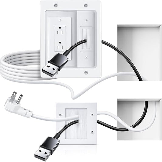 in Wall Cable Management Kit with Recessed Outlet Box, Two-Hole Socket, 10ft Power Cord, Hide TV Cords for Wall Mount TV and Home Theater, Fits All Standard Plugs, Easy, Safe Cable Management