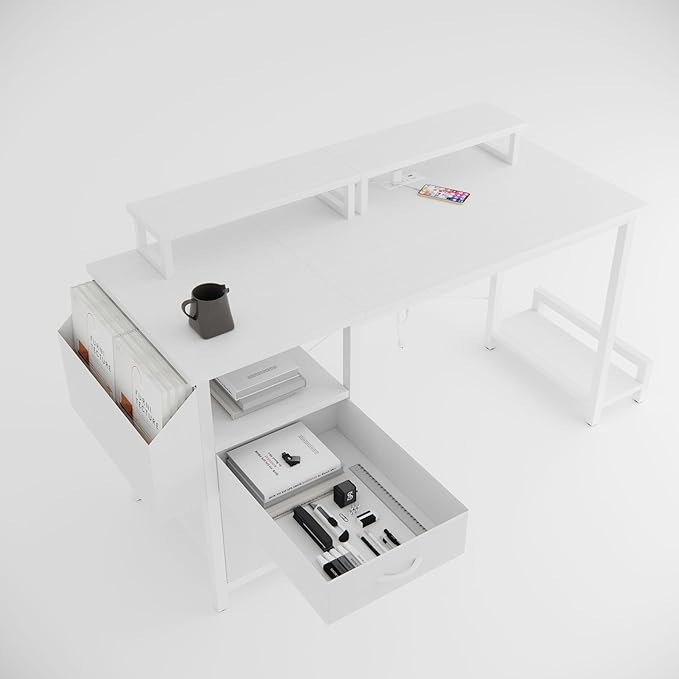 Home Office Desk with Side Pocket and Drawers, Modern Computer Desk for Small Space Bedroom, 47 Inch Gaming Desk with Power Outlet & 2 Movable Monitor Shelves (White)