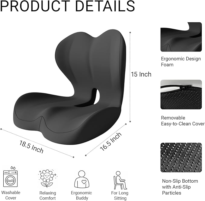 Ergonomic Seat Cushion Set with Lumbar Support Pillow, High-Density Memory Foam Cushion with Non-Slip Base, Posture Support Cushion for Office Chair, Home Chair, Car Seat, Dark Gray