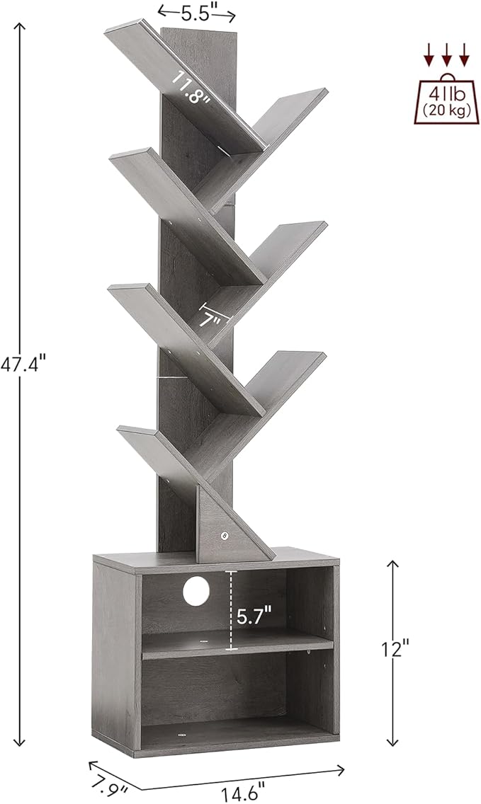 SUNMORY 6 Tier Tree Bookshelf, Tall Bookcase with Storage Cabinet, Modern Narrow Bookshelves Organizer, Floor Standing Book Shelf for Bedroom/Living Room/Home Office/Corner, Grey