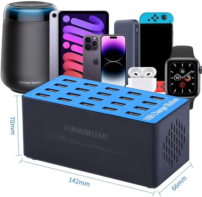 USB Charging Station,100W 20-Port Multi Device Charger with Intelligent Safety Features,Charging Station for Multiple Devices Phone,Watch,Pad,Speakers,Headphones,PS Compact for Home,Office,Travel