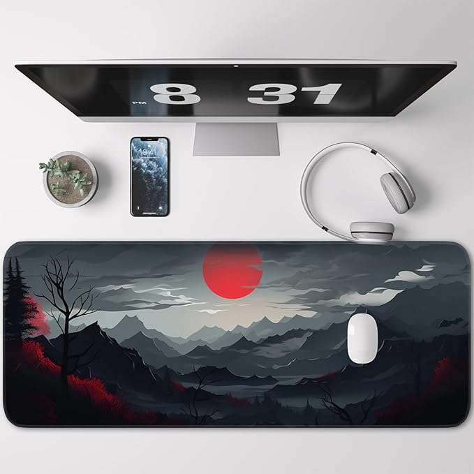 Gaming Mouse Pad, Non-Slip Rubber Bottom with Stitched Edge Desk Mouse Pad for Work, Home, Gaming, 31.5 x 11.8 Inch, Red Moon