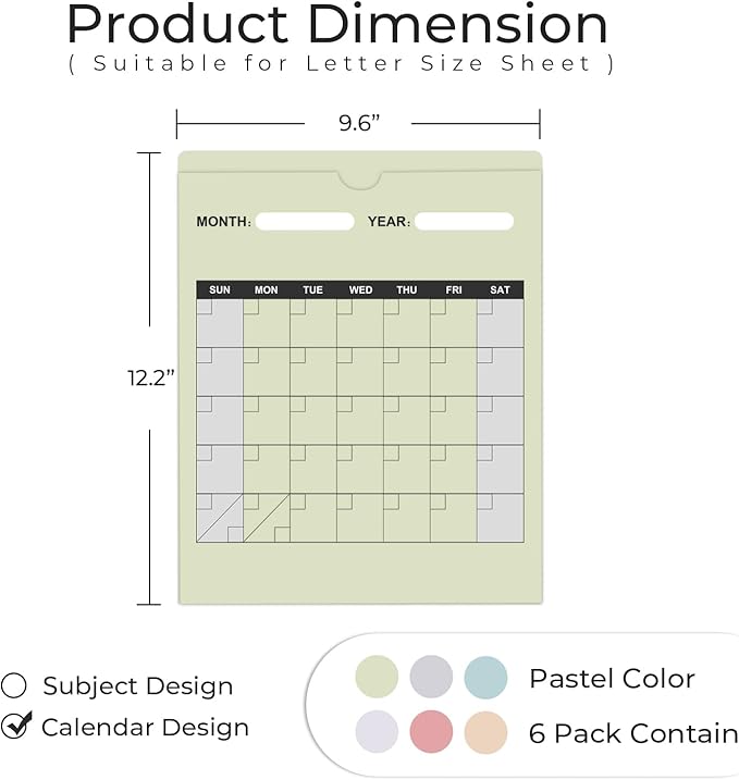 Y YOMA 6 Pack File Folder Jackets Letter Size Paper Pocket File Folder with Reinforced Straight-Cut Tab Pre-Printed Job Folders No Expansion Organizer, Soft Colors, Vertical Calendar Design