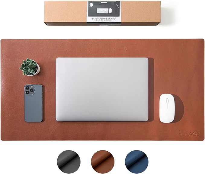 SenseAGE Leather Desk Protector Mat, Large Mouse Pad, Natural Rubber Non-Slip PU Leather Desk Blotter, Home and Office (31.5' x 15.8', Brown)