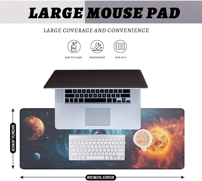 Galaxy Space Gaming Mouse Pad Black Hole Solar Extended Mousepad Waterproof Stitched Edges Rubber Base Non-Slip Deskmap Computer Keyboard Mat 31.5x11.8 Inch