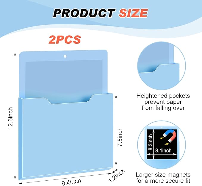 Feifeiya 2 Pcs Magnetic File Folder Wall Hanging Holder Large Pocket Paper Magazine Mail Organizer for Refrigerator Classroom Locker Whiteboard(Vertical,Blue Color,12.2 x 9.4 Inches)