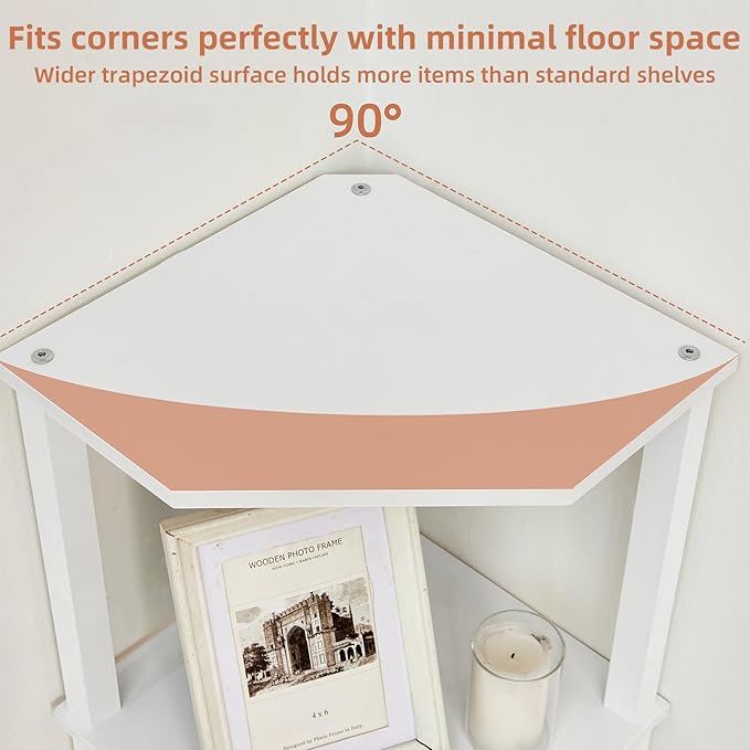 YUFAM 5-Tier Corner Shelf with Sturdy 5-Leg Base, Wooden Corner Bookshelf for Small Spaces, Corner Standing Shelf for Living Room, Bedroom, Office, White