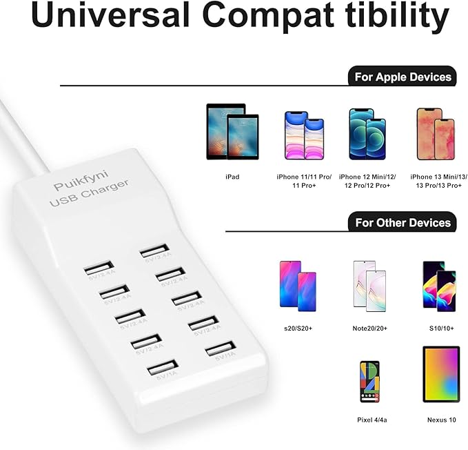 Puikfni 10-Port USB Charger Station with Rapid Charging Auto Detect Technology Safety Guaranteed, 10-Type A Ports Smart for Multiple Devices Phone Tablet Laptop Computer (White)