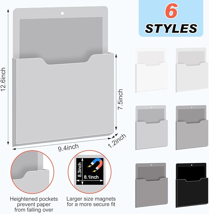 Fuutreo 6 Pcs Magnetic Wall File Organizer Magnetic Wall File Holder Refrigerator Magazine Holder for Mail Letters Paper(Achromatic Colors,Vertical-large)