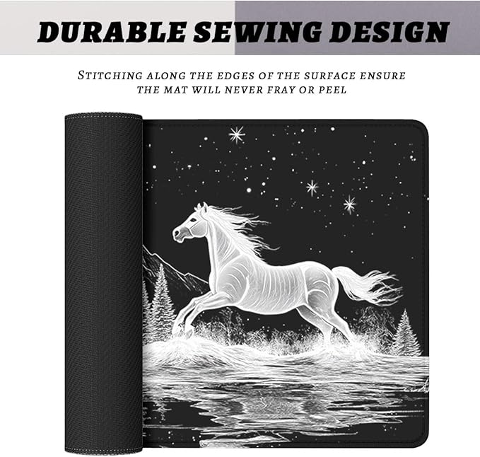 Wild Horses Mouse Pad, Black White Moon Mountain Gaming Desk Mat with Stitched Edges,Non-Slip Waterproof Rubber Base Mouse Mat, 31.5x11.8in Desk Home Office Gaming