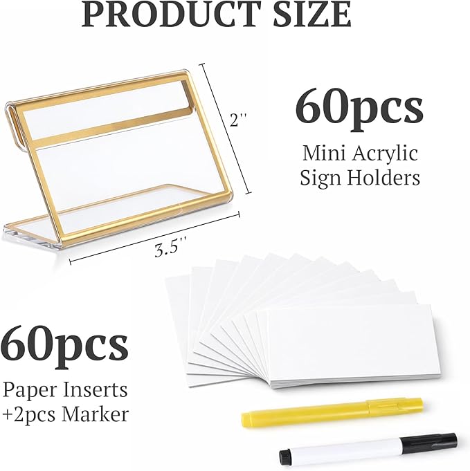 EHWINE 60 Pack Gold Acrylic Sign Holders, 3.5 x 2 Inch Slanted L-Shaped Name Tag & Price Label Display Stand for Wedding Table, Boutique, Retail Counter, Trade Show