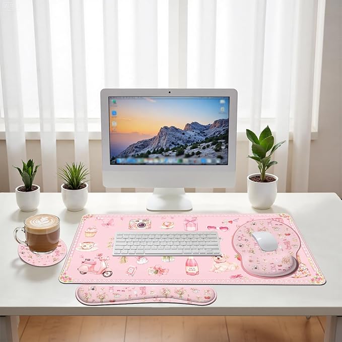 Pink Collage Desk Mat Set Coquette Floral Cute Aesthetic Large Mouse Pad with Wrist Rest 4in1 Desk Mat for Desktop Ergonomic Computer Desk Arm Wrist Anti-Slip Computer Mouse Pad Home Office Gaming