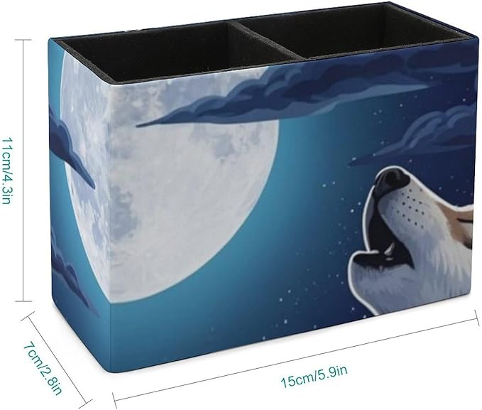Square Brush Pot Full Moon Howling Wolf, Versatile PU Leather Pen Container for Various Uses