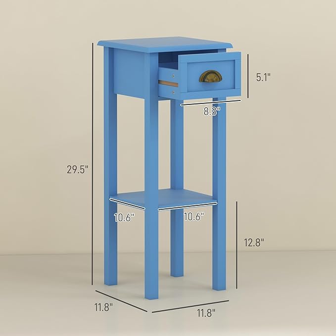 HOMCOM Narrow End Table with Drawer and Bottom Shelf, Slim Side Table for Small Spaces, Skinny Modern Space-Saving Accent Desk for Living Room, Set of 1, Light Blue