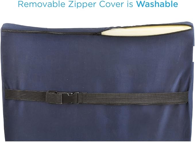 nova Lumbar Back Support Cushion – Contoured High-Density Foam Back Pillow for Office Chair, Car, Plane & Wheelchair – Adjustable Strap, Removable Washable Cover, Navy Blue (14” x 13”)
