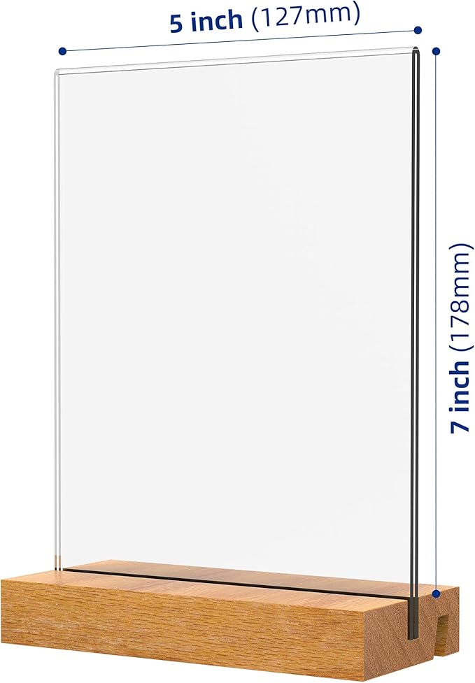 5x7 Inch Acrylic Sign Holder with Wood Base Vertical and Slant Displays(3 Pack 5*7")