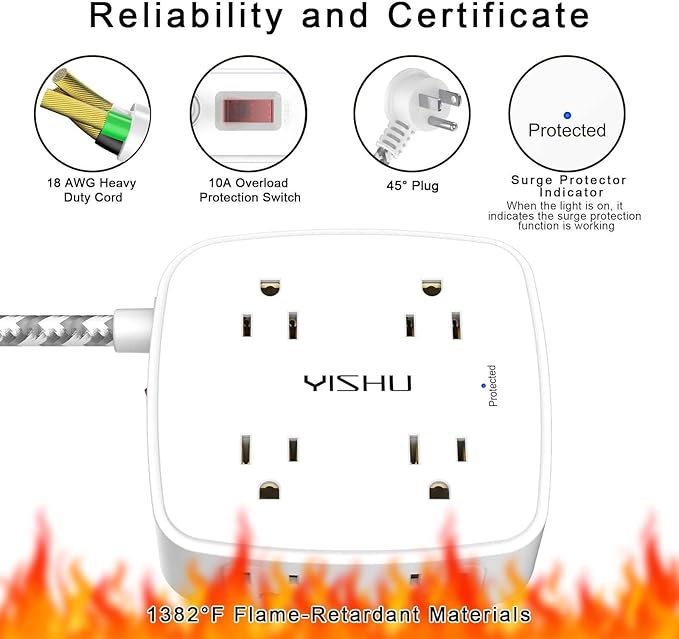 Surge Protector Power Strip - YISHU 8 Outlets with 4 USB (2 USB C) Charging Ports, 6Ft Braided Extension Cord, Flat Plug Multi Plug Outlet Extender Charging Station for Home Office, ETL, White