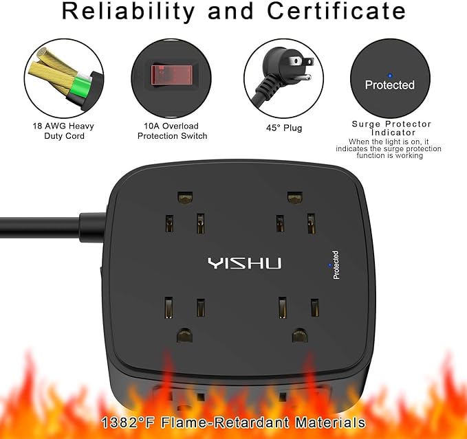 10 Ft Surge Protector Power Strip - 8 Widely Outlets with 4 USB Ports, 3 Side Outlet Extender with 10 Feet Extension Cord, Flat Plug, Wall Mount, Desk USB Charging Station, ETL, Black