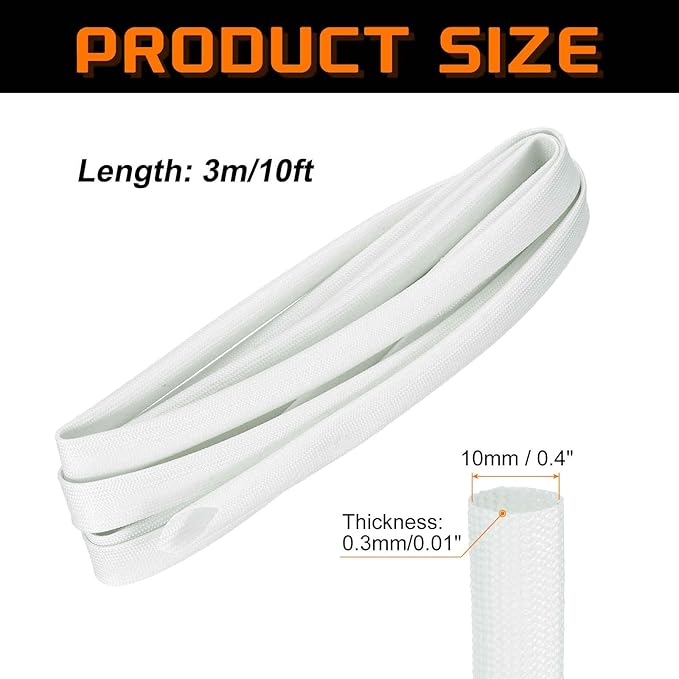 MECCANIXITY 10ft Braided Cable Sleeve, 0.4" ID 200C Heat Resistant 1500V Fiberglass Wire Insulation Cord Protector Organizer Wires Management for Motor Engine Fuel Line, White