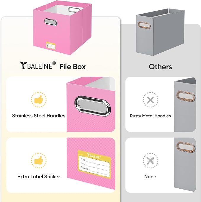 BALEINE File Organizer Box, Cardboard File Folder Organizer with Handle for Letter Size, Portable Collapsible Hanging Filing Box for Home Office Document Storage (2 Pack, Large Pink)