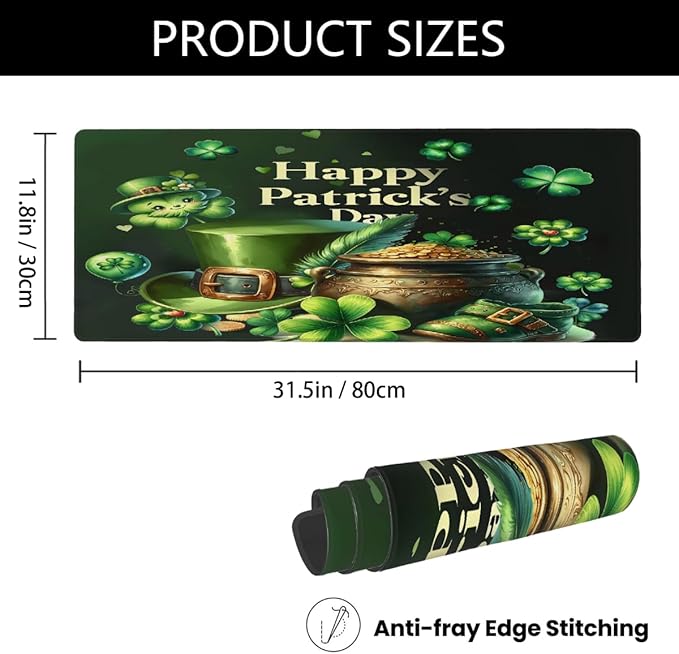 Large Mouse Pad Non-Slip Rubber St Patrick Green Long Gaming Desk Mat Big Computer Keyboard Mousepad Waterproof Protector Wristing Pad for Gaming Office Home Decorative 31.5 X 11.8 Inch