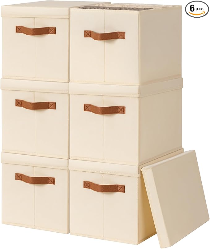 Homsorout Storage Bins with Lids - Fabric Storage Baskets for Shelves, 6 Pack Foldable Decorative Boxes with Handles, Stackable Organizer Bins for Home, Nursery, Dorm, Beige