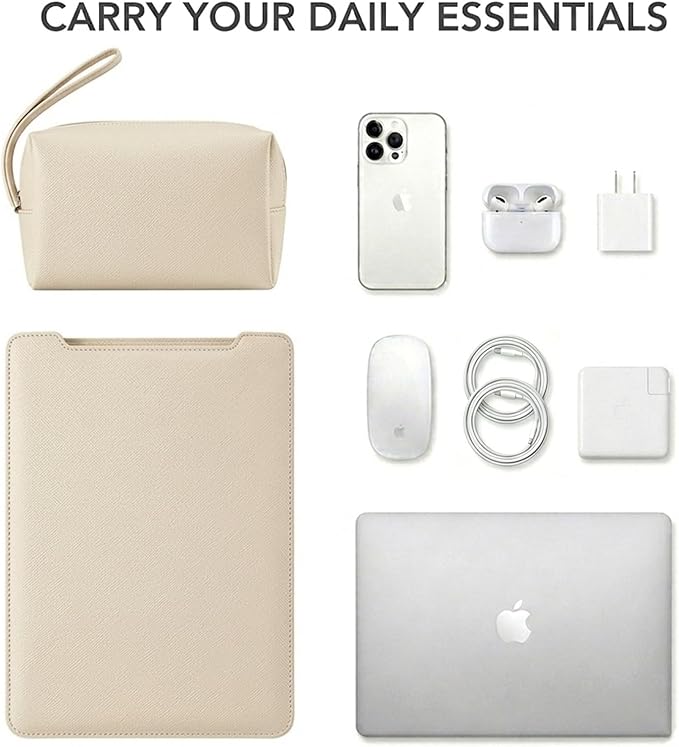 13 Inch Laptop Sleeve for Mac NEO, Precision-Fit Leather Case with Stand and Mouse Pad, Slim Protective Computer Sleeve with Accessory Pouch, Soft Lining (Beige, 13 Inch)