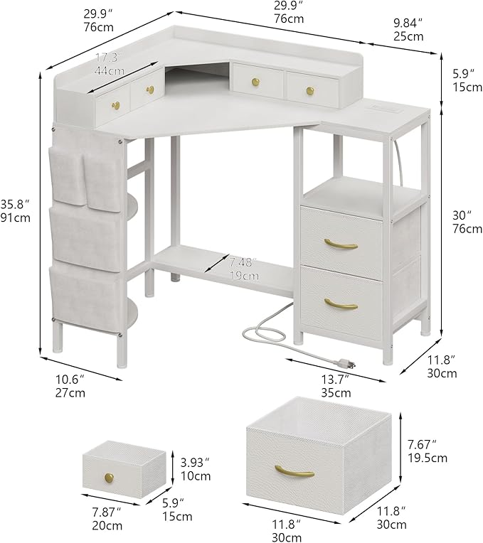 VENNQD Corner Desk with 6 Drawers Shelves for Small Space Computer Desk with Power Outlets,Gaming Desk with Printer Monitor Stand Storage for Home Office Workstation Writing Table (White, 31.5)