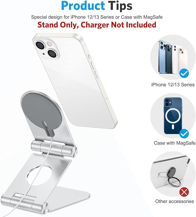 OMOTON Stand for MagSafe Charger, Foldable Phone Stand Holder for MagSafe Accessories， Compatible with iPhone 17/16/15/14/13/12 Pro Max/iPhone Air, [Charger for MagSafe Not Included], Silver