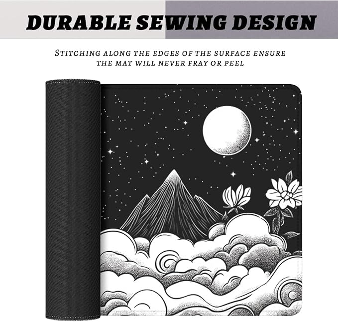 Moon Mountain Gaming Mouse Pad Black White Landscape Zen Mountain Mousepad Extended Large Laptop Keyboard Non-Slip Rubber Base with Stitched Edges 31.5x11.8 Inch