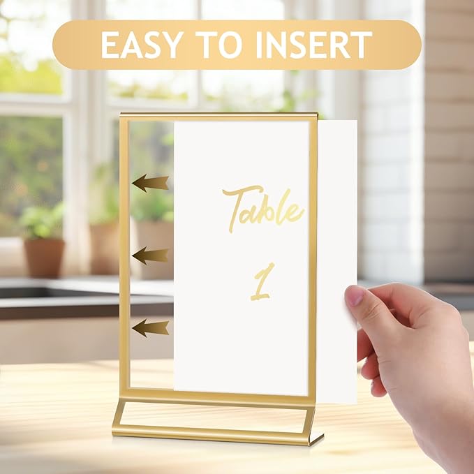 Petallush 6PCS Gold Acrylic Picture Frame Stands Holders for Tables Display 5x7, Double Sided Acrylic Wedding Table Number Sign Holder, Clear Menu Flyer Paper Holder for Wedding Party Decor