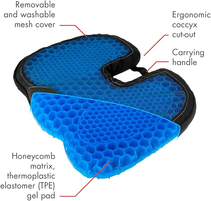 HEALTHMATE IN9115 Comfy Gel Coccyx Cushion Gel Seat Cushion for Long Sitting for Back, Sciatica and Tailbone Pain Relief, for Office Chair, Car, Wheelchair, Long Trips
