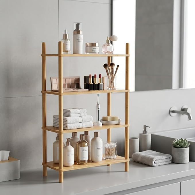 4-Tier Expandable Bamboo Desktop Organizer Shelf Kitchen Cabinet and Counter Riser Display Shelf for Top of Desk Home Office Bathroom Coffee Table Display Stand,Natural