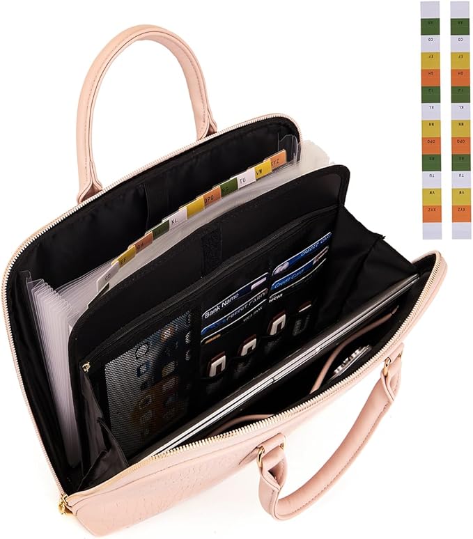 Accordian File Organizer Tote,Folder with Zipper & Labels,12 Pocket Expanding File Folder with Multi-Pockets Paper Folder for Letter A4 Files Business Teacher Office Bag (Pink)
