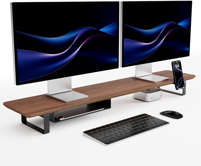 muso wood Dual Monitor Stand with Storage Shelf, 45 Inch Wooden Monitor Riser for 2 Monitors, Walnut Desk Shelf for Computer, Laptop, Screen, TV, Printer