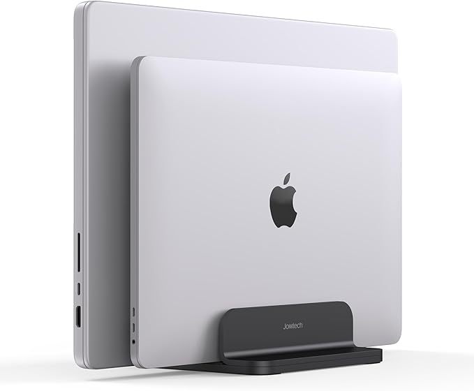 JOKItech Dual Aluminum Vertical Laptop Stand Organizer, Sturdy Notebook Computer Holder Stand Compatible with New Liquid Retina XDR Apple MacBook Air/Pro/Neo, Mac mini & iPad Pro - Black