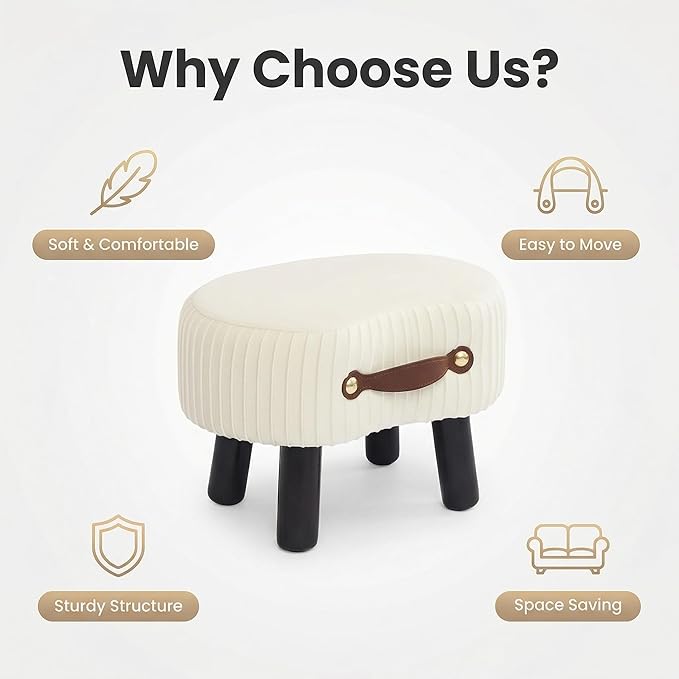 Small Footstool with Handle, Velvet Ottoman Foot Rest with Padded Seat, Curved Foot Stool with Wooden Legs, Portable Foot Rest for Living Room, Bedroom, Entryway, White