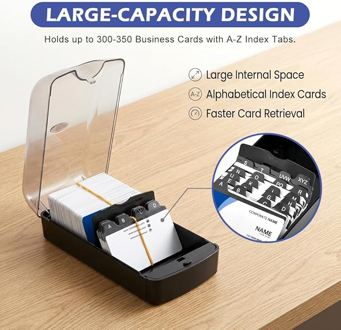 Business Card Holder, 350-Card Capacity Business Card File Plastic Storage Box with Transparent Tilted Lid, Dust-Proof Desktop Organizer for Office Reception(SIZE:M)
