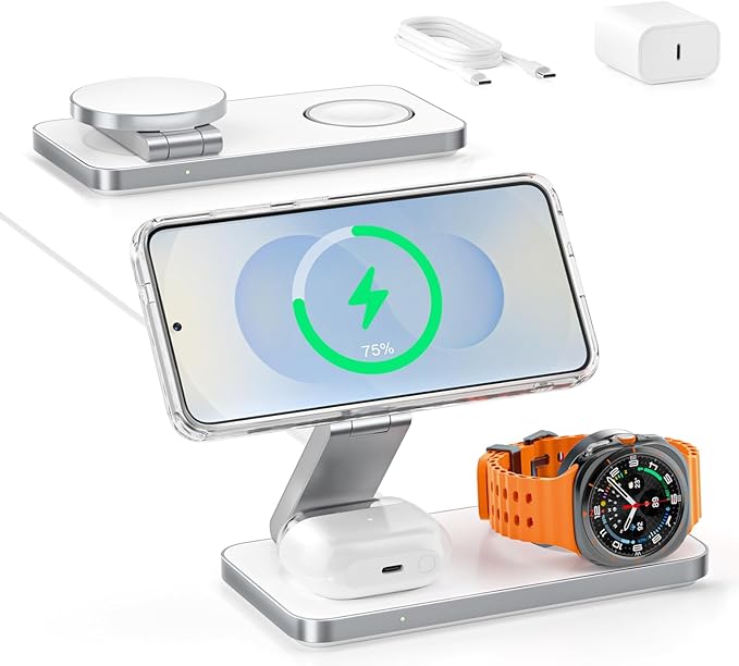 3-in-1 Magnetic Wireless Charging Station for Samsung, Qi2 25W Fast Charger Stand Compatible with MagSafe for Galaxy S26/S25/S24/S23/Z Fold/Flip, Watch Ultra/8/7/6/5 & Buds, with 35W Adapter-White