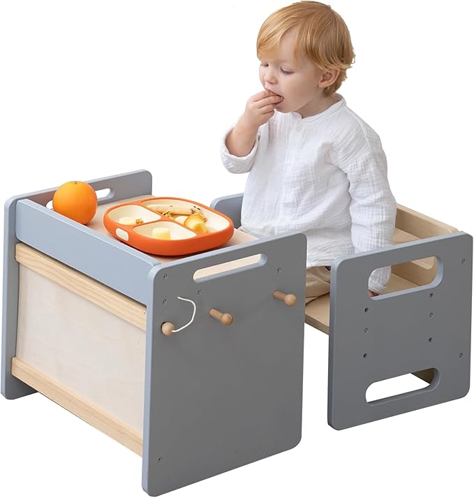 bpmfkid Montessori Weaning Table and Chair Set - Adjustable Design for Toddlers, Ideal for Mealtime, Learning, and Play, Grey