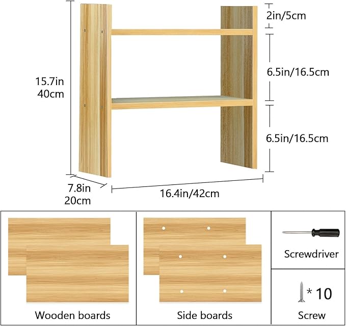 Small Desk Organizer Wood Shelf - 2 Tier Desk Hutch Dorm, Small Bookshelf, Desktop Organization for Office, Kitchen, Counter, Table Top Storage