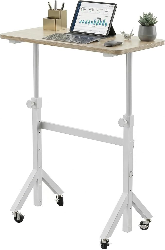 HUANUO 32'' Small Standing Desk Adjustable Heigh, Mobile Stand Up Desk with Wheels, Portable Rolling Desks for Walking Pad and Treadmill, Computer Laptop Desks for Home Office Space,Light Walnut