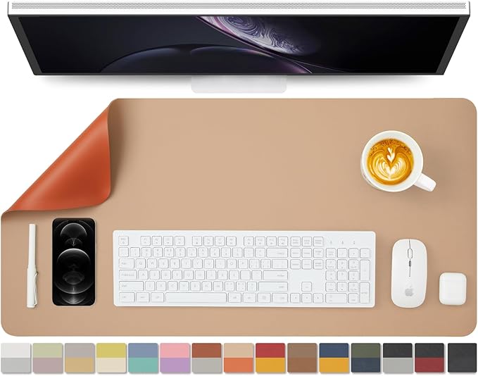 HOMIEAZICOZI Dual Sided Leather Desk Mat - Waterproof Pad for Office and Home Organization Accessories Ideal Large Mouse Mats on Top of Desks(Apricot+Orange,31.5''x 15.7'')