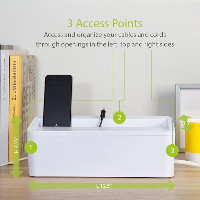 in-Box Desktop Mobile Charging Station & Power Strip Organizing Box, White