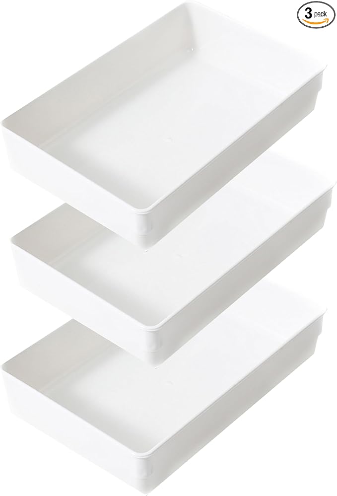 3 Pack White Plastic Drawer Organizer Tray Cutlery Utensil Makeups Drawer Organizers 9" X 6"