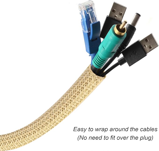 25ft - 1/2 inch Braided Cable Management Sleeve Cord Protector - Self-Wrapping Split Wire Loom for TV/Computer/Home Theater/Engine Bay - Beige