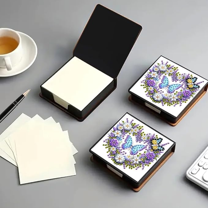 Diamond Painting Kits Sticky Note Holder, DIY Diamond Art Accessories Memo Pad Box for Desk, Mosaic Craft Kits for Adults Beginners, Cute Office Decor Gifts Women(Heart Butterfly A)