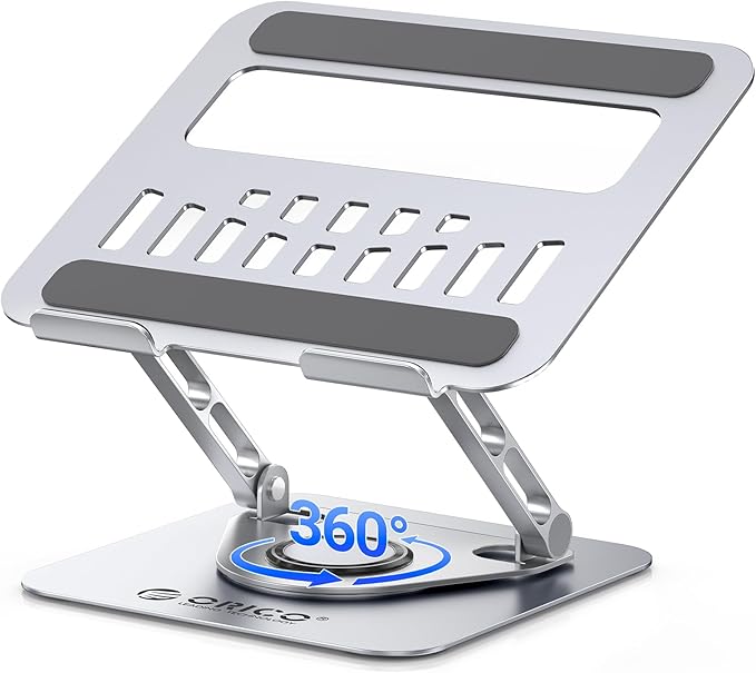 ORICO Adjustable Laptop Stand for Desk, 360° Rotating Base, Foldable Aluminum Alloy Computer Stand with Ventilated Design, Compatible with MacBook Neo/Air/Pro, Dell, XPS, HP up to 17'' - ST12, Silver